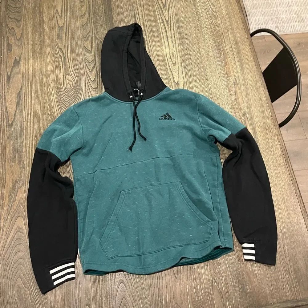 Adidas Sweatshirt Hoodie Logo Print Pullover Pockets Colorblock Green Black S